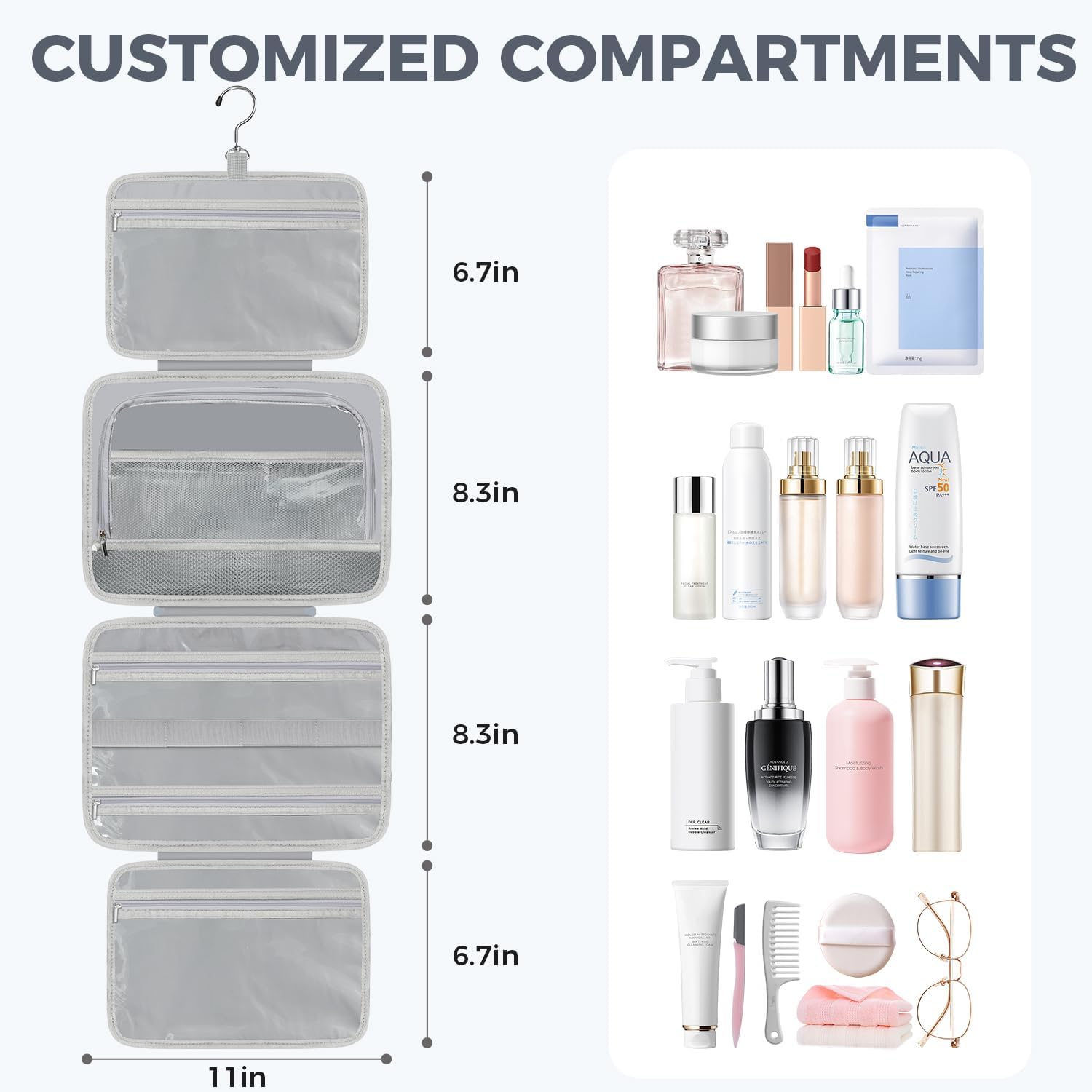 Toiletry Bag For women,Portable Hanging Organizer,4 Leakproof Compartment for full-sized Conditioner, Brushes Set, Makeup Accessories,Visible and easy to access.M-blue