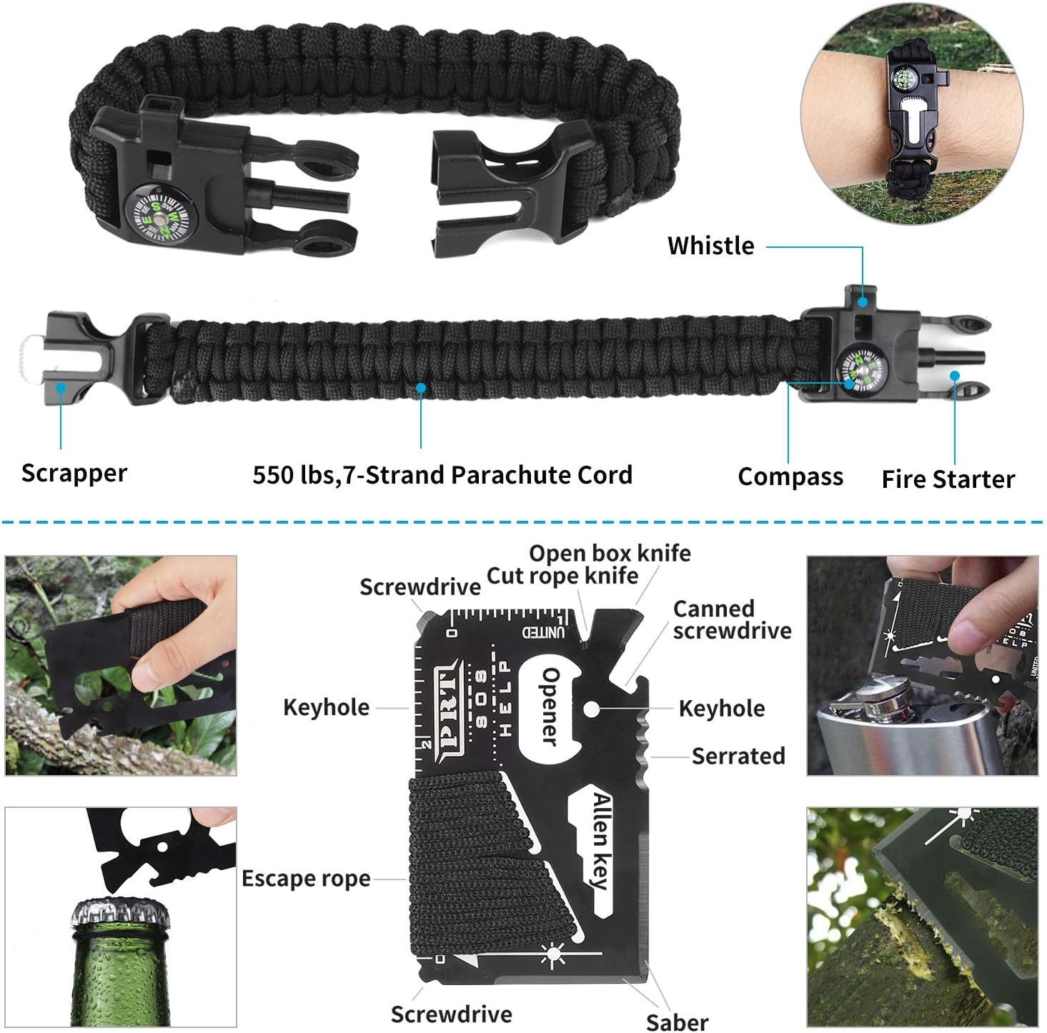 Survival Gear Kits Outdoor Survival Gear Tool for Trip,with Fire Starter, Whistle, Wood Cutter, Tactical Pen for Camping, Hiking, Climbing for Wilderness/Trip/Cars/Hiking/Camping