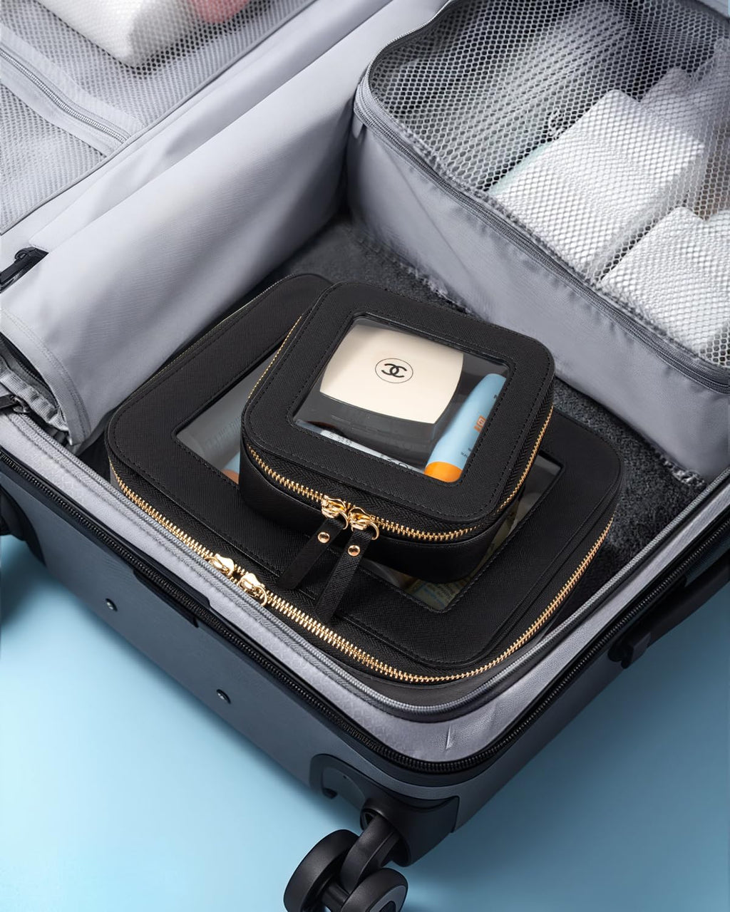 LETGO Clear Makeup Bags Set - TSA Approved Toiletry Bag with Handle Large Opening, Clear Toiletry Bags Case Pouch for Traveling Travel Car Orangizer Storage Essentials (Mini+Large Black)