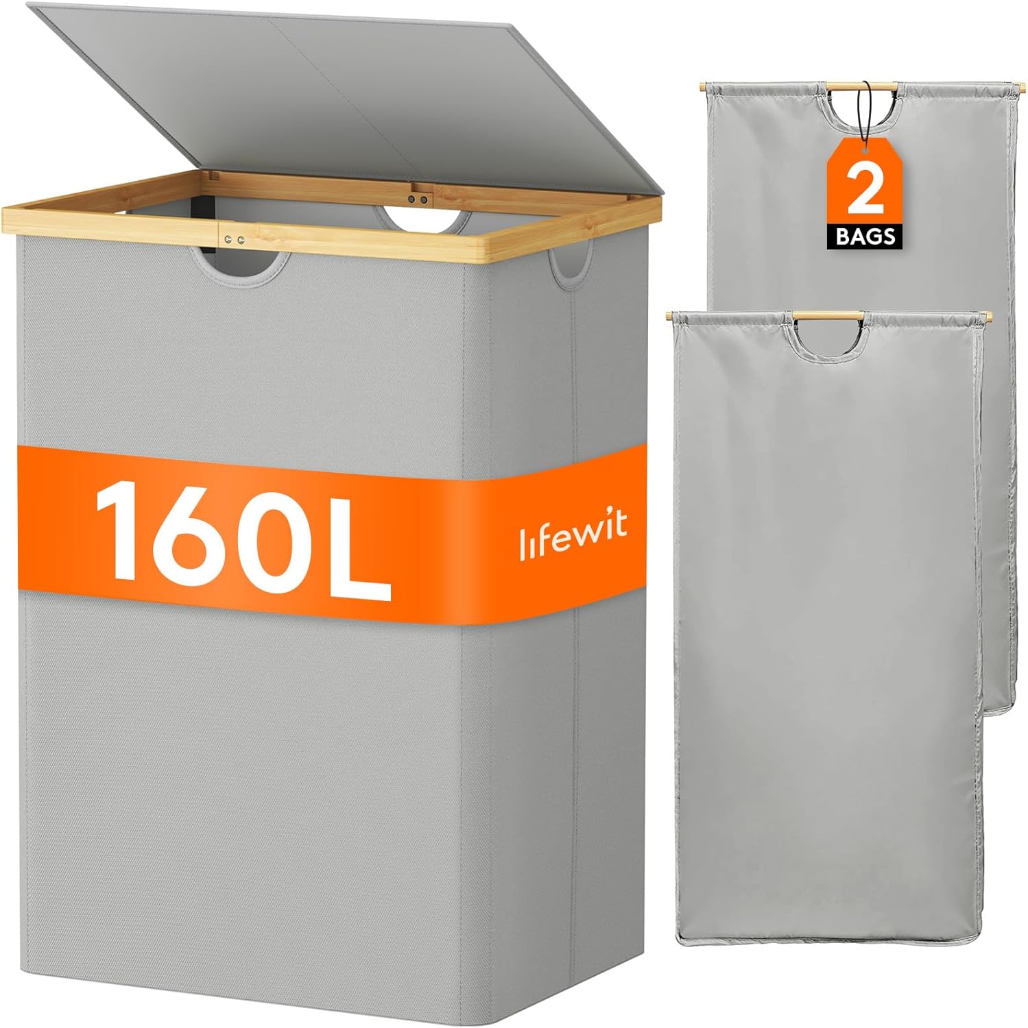 Lifewit 160L Double Laundry Hamper with Lid, Extra Large Bamboo Laundry Basket Dirty Clothes Hamper, 2 Section Laundry Bin Organizer for Laundry Room Bedroom with 2 Removable Liners & Bags,Silver Grey