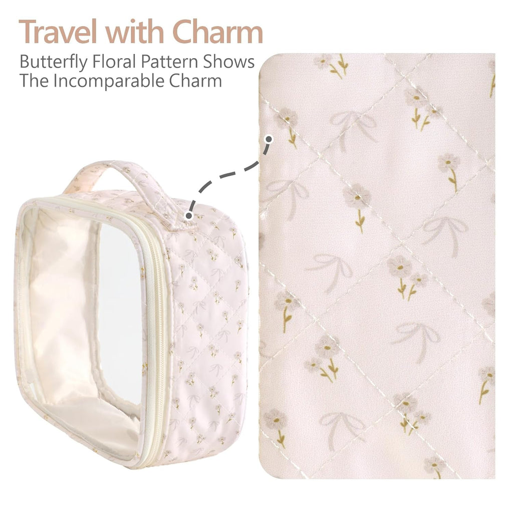 PACKISM Clear Makeup Bag - 2 Pack TSA Approved Toiletry Bag with Handle and 180° Large Opening, Sturdy Clear Toiletry Bag Fit Carry-on Travel Essential, Travel Bags for Toiletries, Pink Ditsy Floral