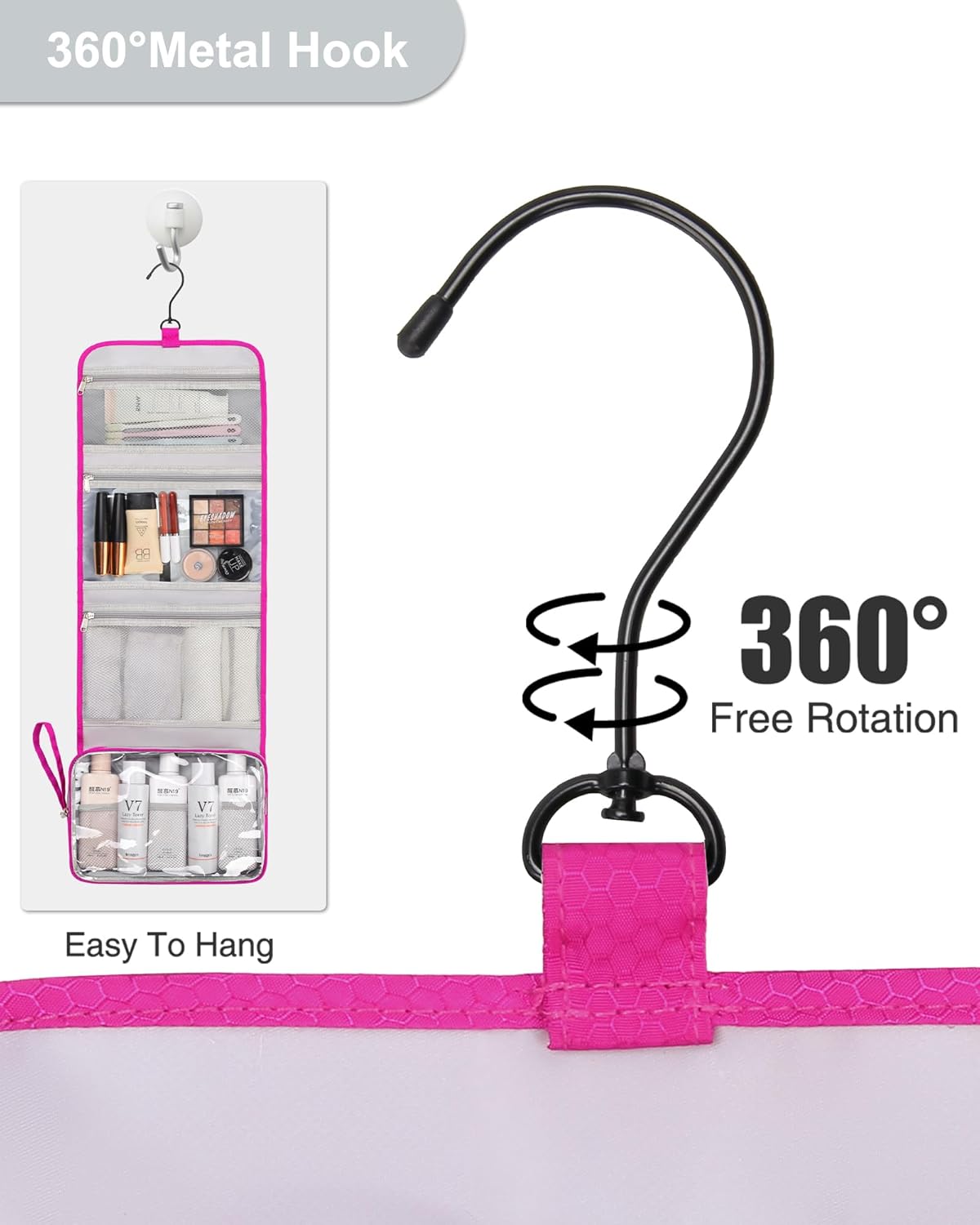 Relavel HangingTravel Toiletry Bag for Women, Large Capacity Toiletries Bag, Travel Essentials Organizer, Hanging Makeup Case for Accessories, Waterproof Bathroom Shower Bag (hot pink)