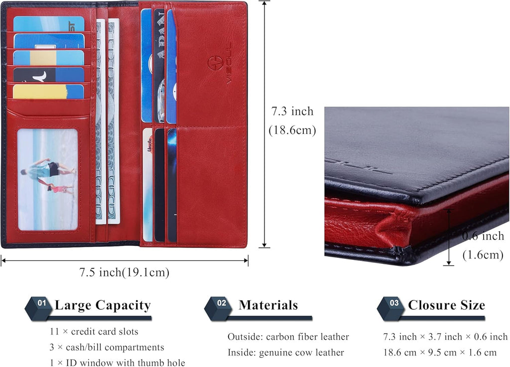 VISOUL Mens Leather Long Bifold Checkbook Wallets with RFID Blocking, Contrast Colors Breast Pocket Tall Billfold Secretary Wallet for Men with Card Slots (Black and Burgundy)