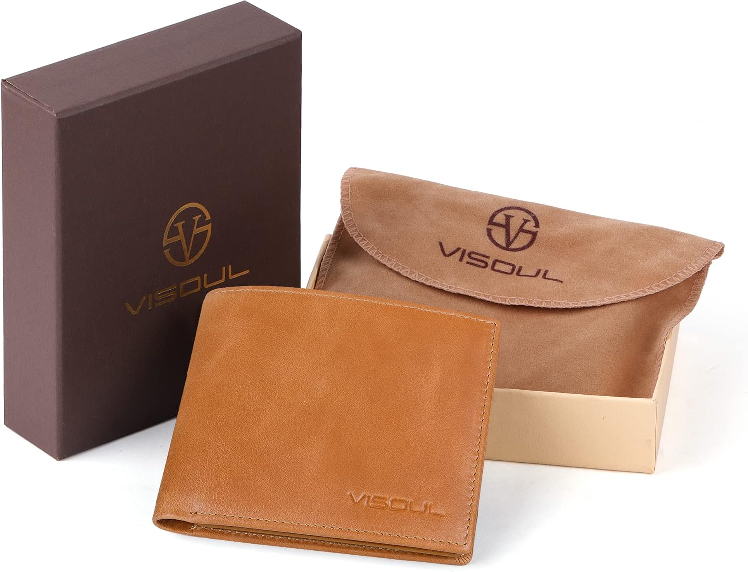VISOUL Leather Mens Bifold RFID Blocking Wallet with 2 ID Windows, Leather Wallet for Men (Leather, Tan)