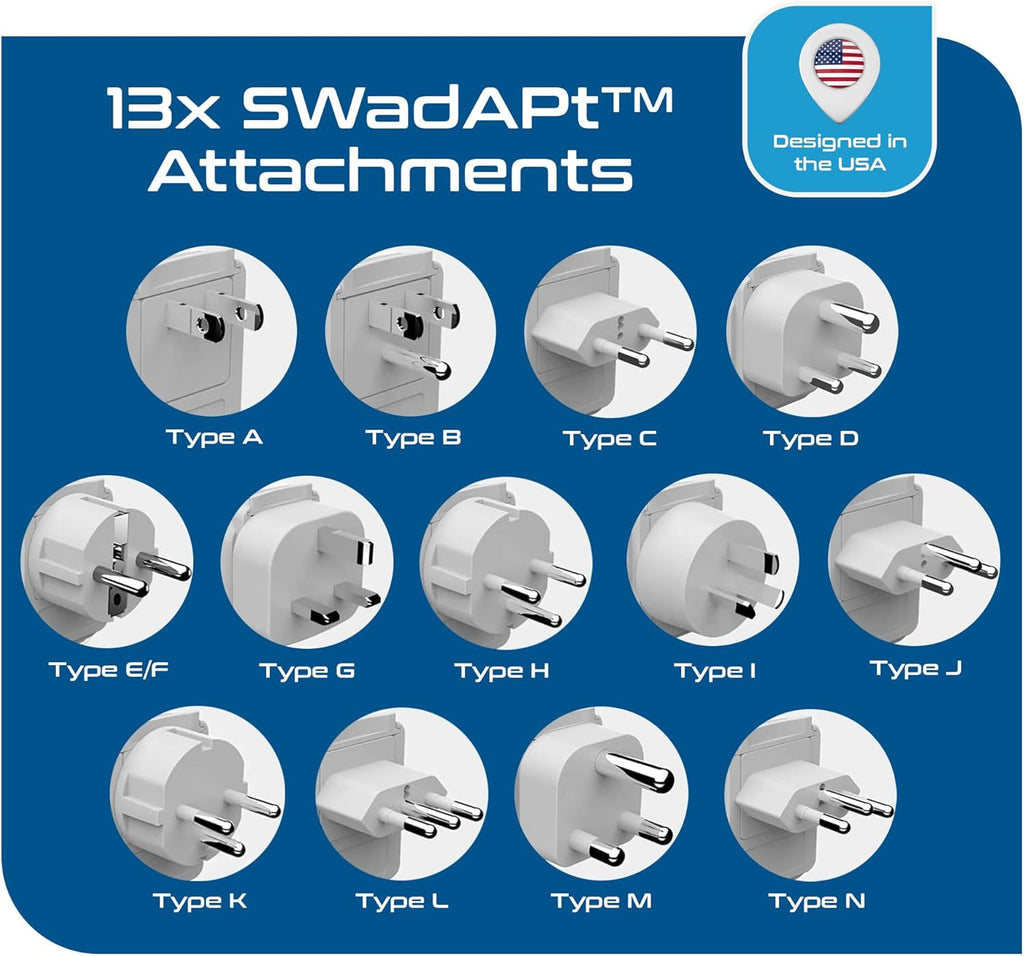 Ceptics International Power Plug Adapter Travel Set, 20W PD & QC, Safe Dual USB & USB-C 3.1A - 2 USA Outlet - Compact - Use Europe, Asia, Africa In Worldwide - Includes 13 Type SWadAPt Attachments