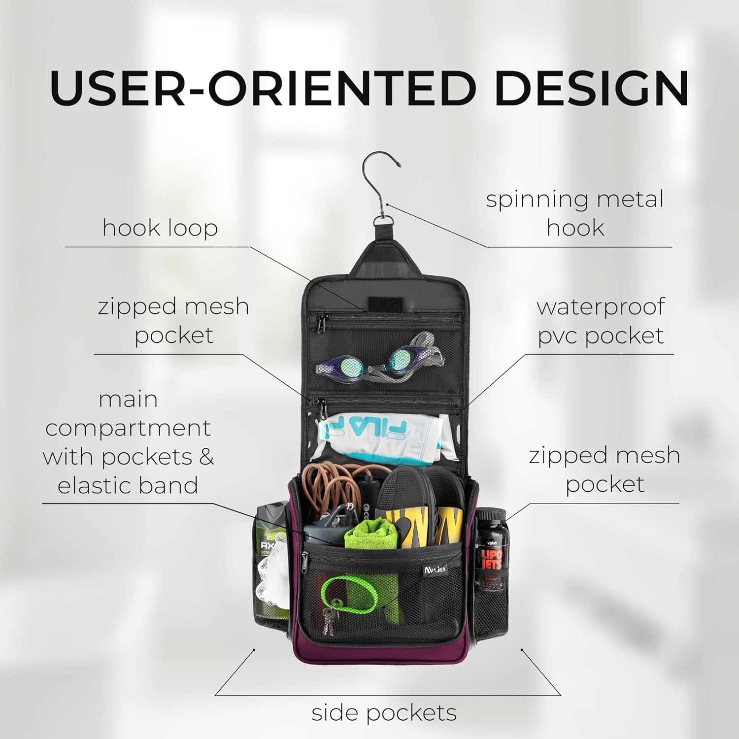 Large Hanging Toiletry Organizer - Travel Toiletry Bag for Men and Women - Waterproof Hygiene Bag with Metal XXL Swivel Hook, Sturdy Zippers and 19 Compartments for Toiletries, Makeup (Purple)