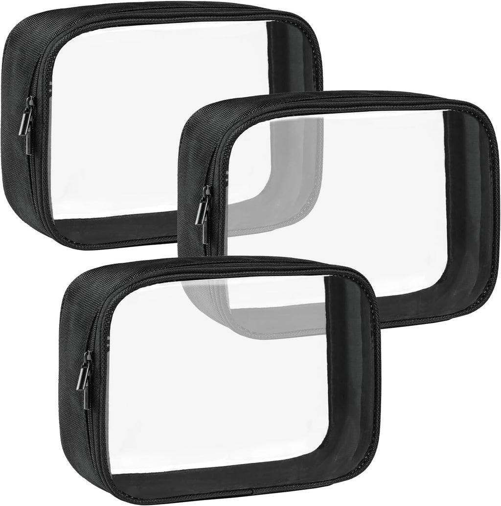 Moyad TSA Approved Clear Toiletry Bag, 3 Pack Quart Size 3-1-1 Liquids Pouch for Travel, Transparent Makeup & Cosmetic Organizer for Women Men, Black