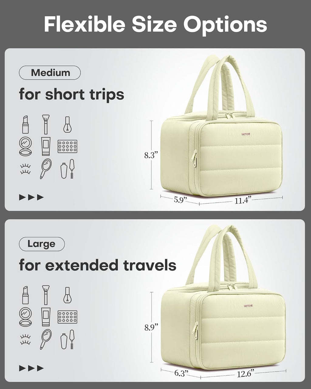 HOTOR Travel Toiletry Bag - Wide-Open Toiletry Bag for Women, Multi-Pocket Makeup Bag for Travel Essentials, Wet & Dry Separation Travel Accessories for Trip, Gym, 11.4" x 5.9" x 8.3", Beige