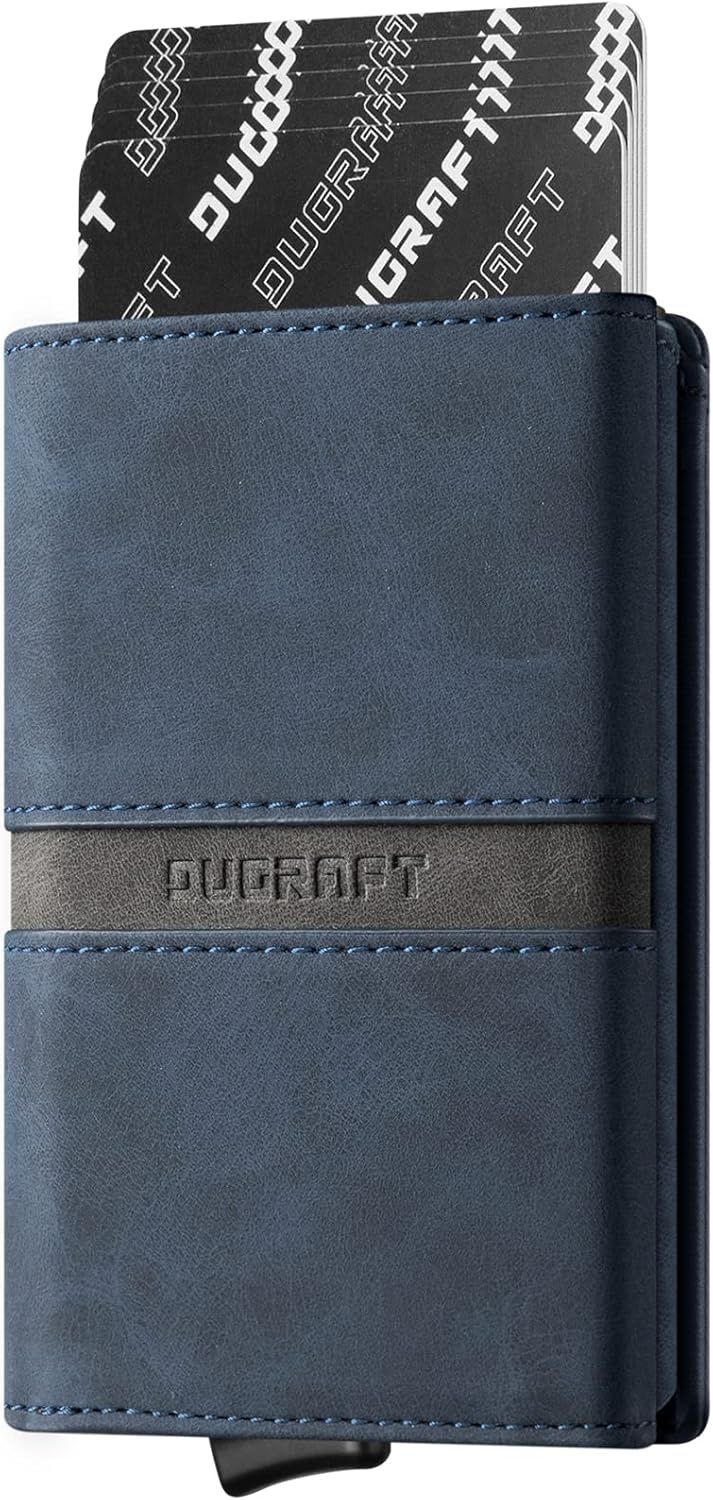 DUGRAFT Card Holder Wallet with ID Window, Leather Mens RFID Blocking Minimalist Pop-Up Wallet Aluminum Metal Credit Card Case with Banknote Compartment
