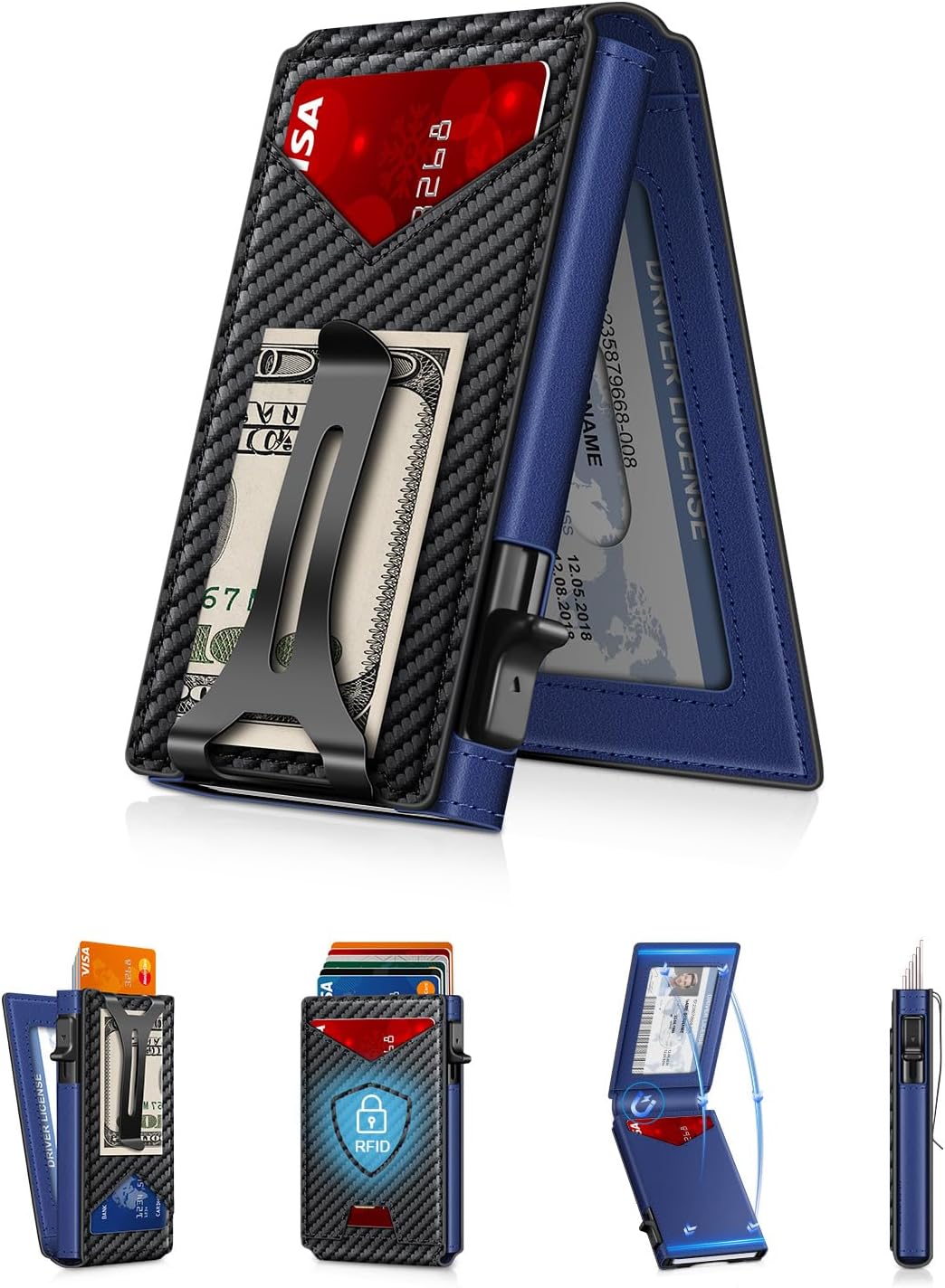 Wallet for Men RFID Wallet with Money Clip, Slim Pop Up Card Holder for 10-12 Cards, Minimalist Smart Credit Card Case with ID Window, Bifold Metal Wallet for Front Pocket, Gifts for Men