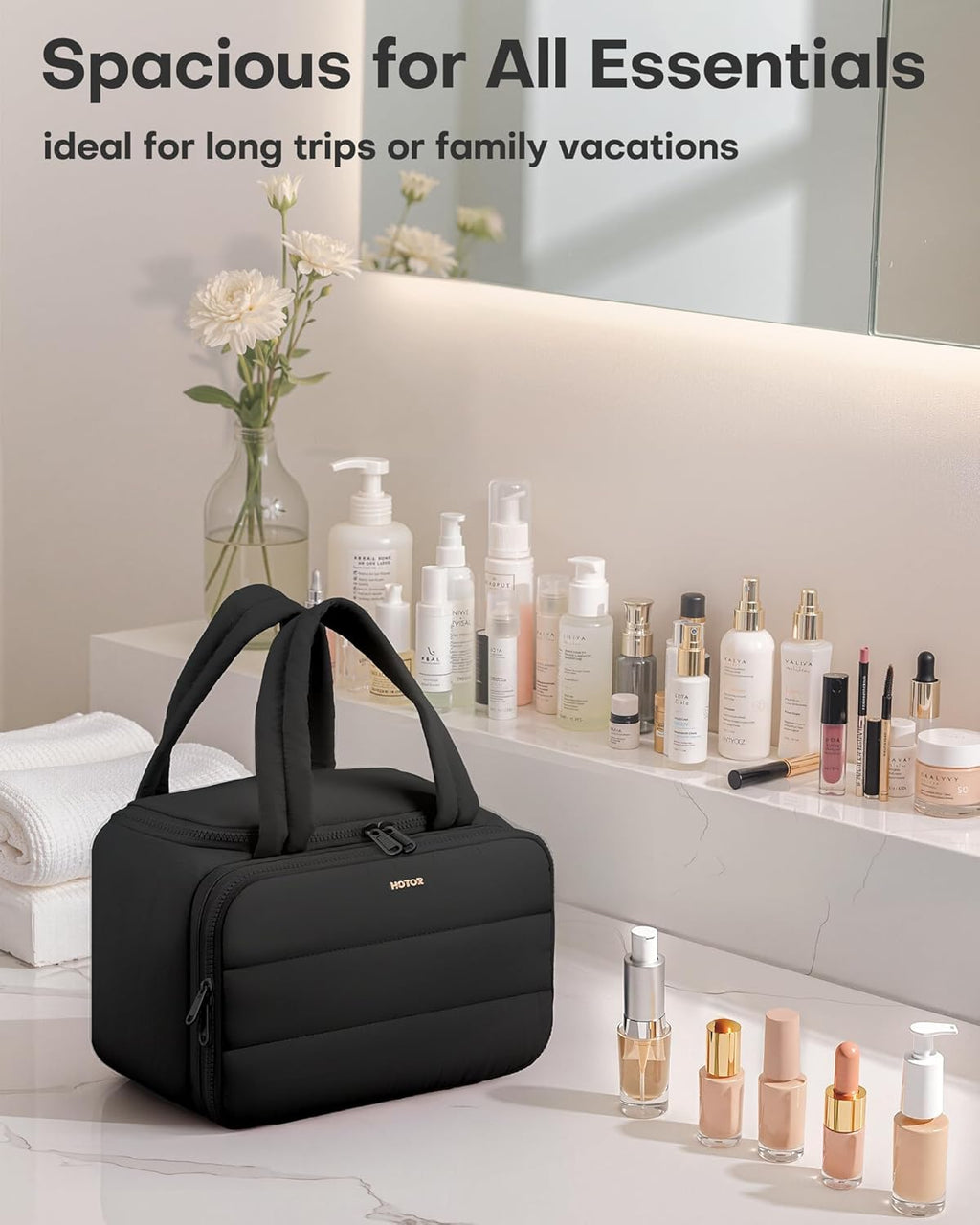 HOTOR Travel Toiletry Bag - Wide-Open Toiletry Bag for Women, Multi-Pocket Makeup Bag for Travel Essentials, Wet & Dry Separation Travel Accessories for Trip, Gym, 12.6" x 6.3" x 8.9", Black