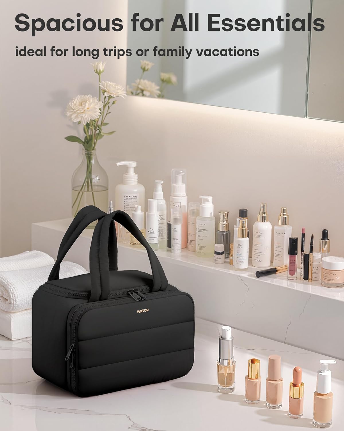 HOTOR Travel Toiletry Bag - Wide-Open Toiletry Bag for Women, Multi-Pocket Makeup Bag for Travel Essentials, Wet & Dry Separation Travel Accessories for Trip, Gym, 11.4" x 5.9" x 8.3", Black