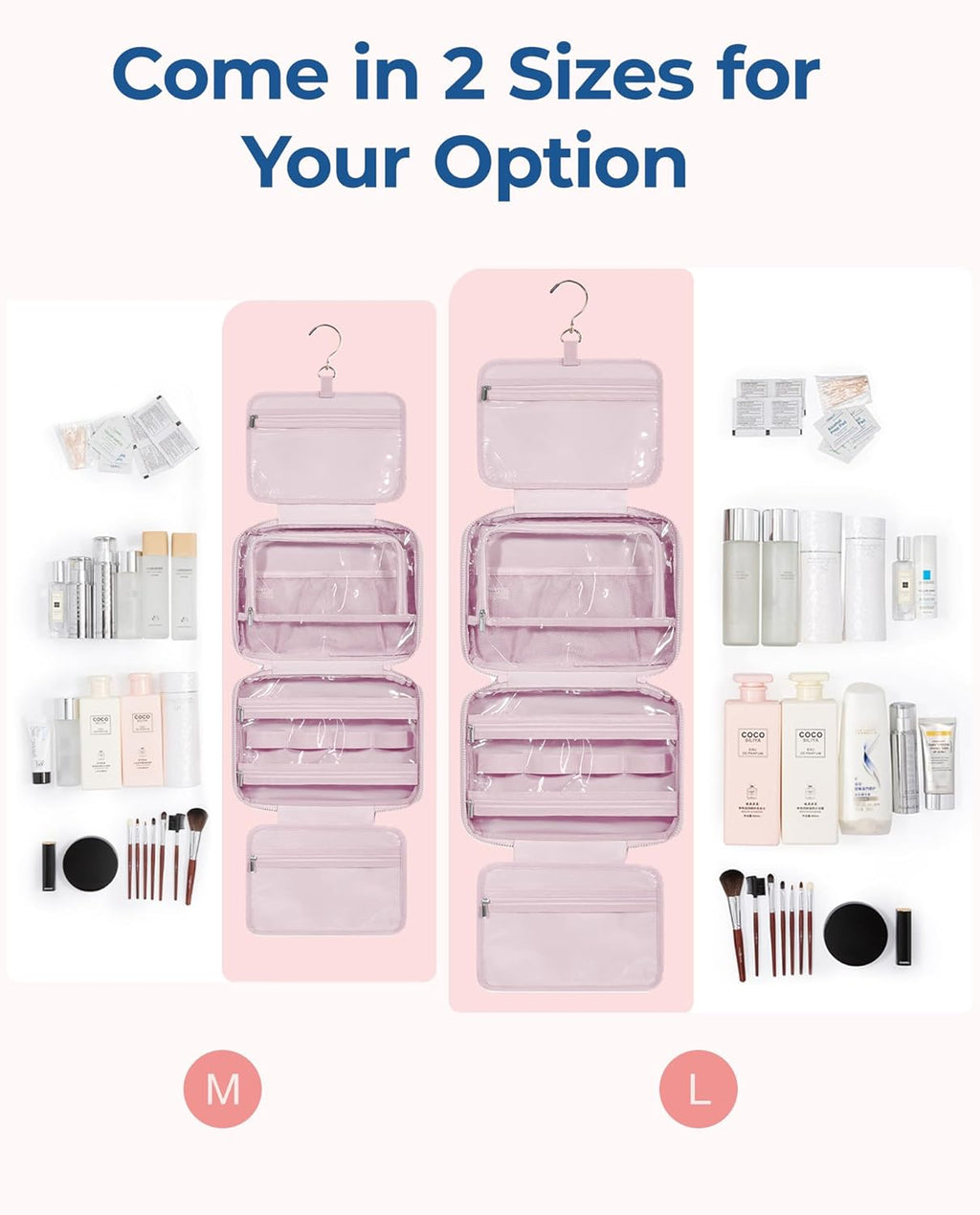 BAGSMART Travel Toiletry Bag with Jewelry Organizer, Hanging Travel Bag for Toiletries, Puffy Makeup Cosmetic Bag Organizer, Carry-on Travel Accessories Essentials, Pink-L