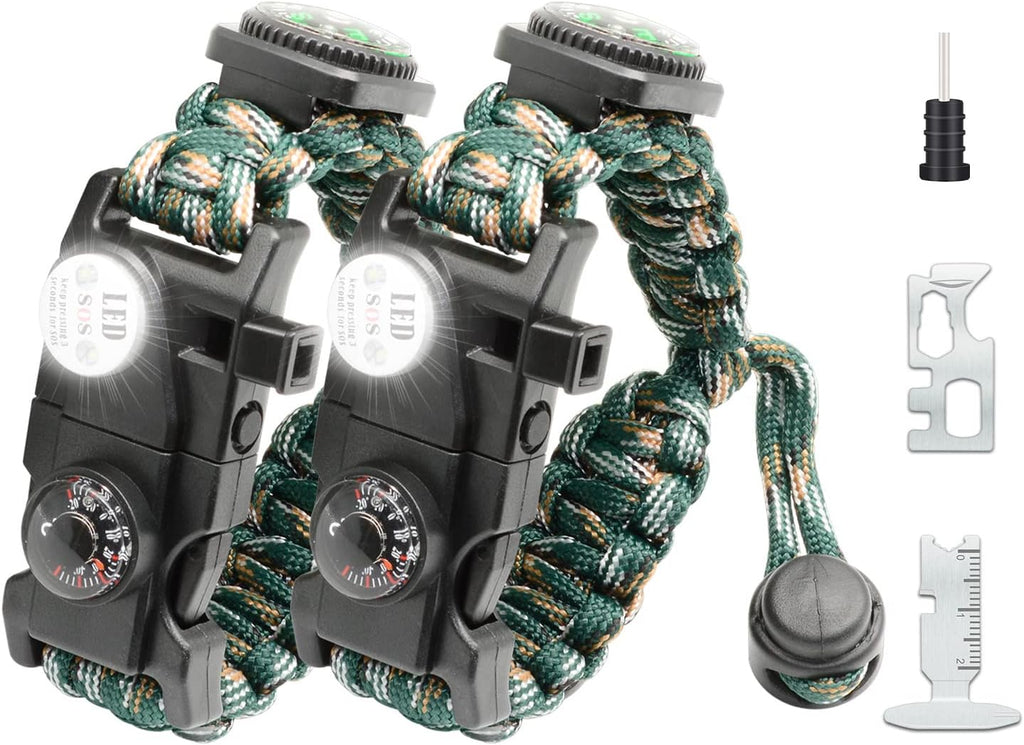 20 in 1 Survival Paracord Bracelet Adjustable Gear Kit with SOS LED Light, Fire Starter, Bigger Compass, Survival Whistle, Perfect for Camping, Hiking, Fishing