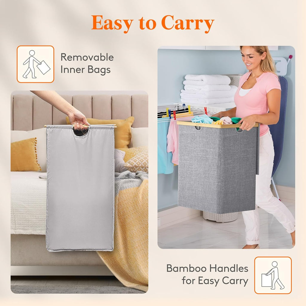 Lifewit 120L Double Laundry Hamper with Lid, Extra Large Bamboo Laundry Basket Dirty Clothes Hamper, 2 Section Laundry Bin Organizer for Laundry Room Bedroom with 2 Removable Liners & Bags,Light Gray