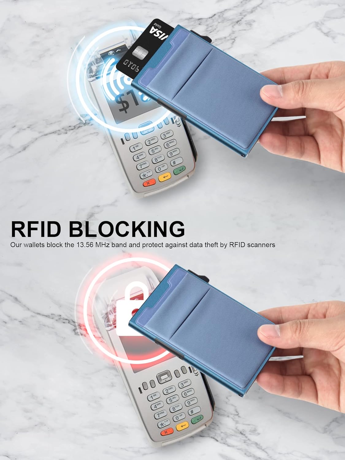 Slim Wallet for Men and Women,Pop Up Credit Card Wallet Metal Minimalist Cards Holder with Money Pocket,Small Ultralight Aluminum RFID Blocking Wallets 6-12 Card Capacity,Navy Blue