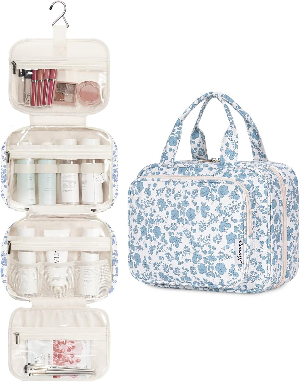 Narwey Hanging Floral Toiletry Bag for Women Travel Makeup Bag Organizer Toiletries Bag for Travel Size Essentials Accessories Cosmetics (Little Blue Flower (Medium))