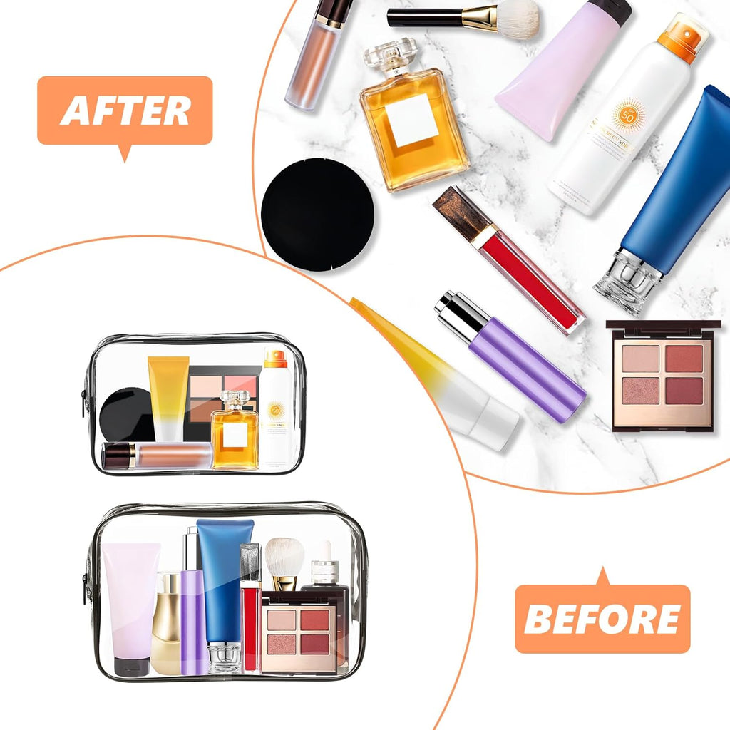 AURUZA 6 Pack Clear Toiletry Bag,Portable Travel Makeup Bags with Zipper, TSA Approved Clear Organizer Bags, PVC Cosmetic Pouch for Airport Airline Compliant (6 Packs Black)