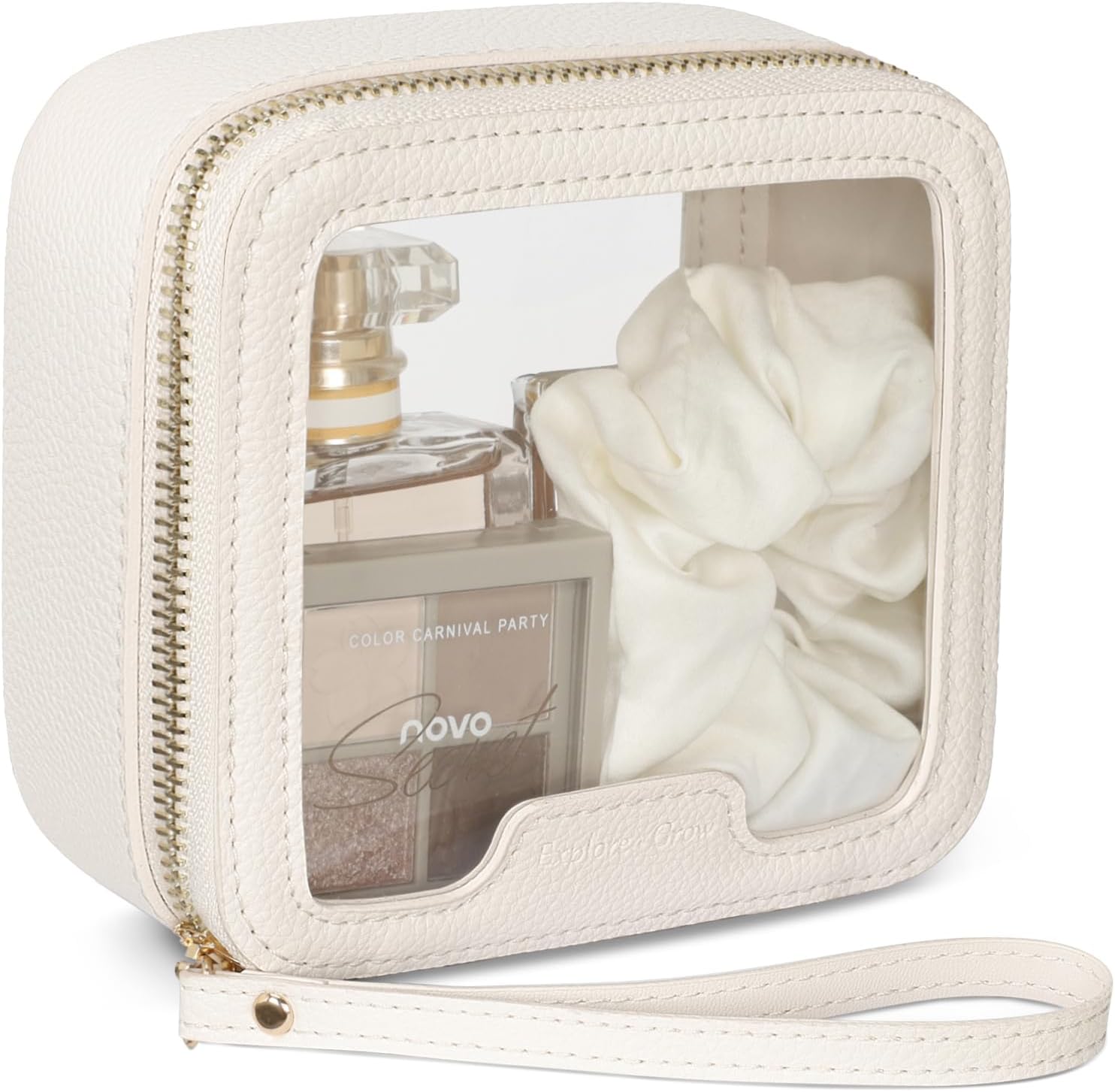 PACKISM Small Clear Makeup Bag - Pebbled Texture & Hard PU Leather Mini Makeup Bag for Purse, Cosmetic Travel Bag Car Bag for Essentials for Women Gift Daily Use (Cream Mini)
