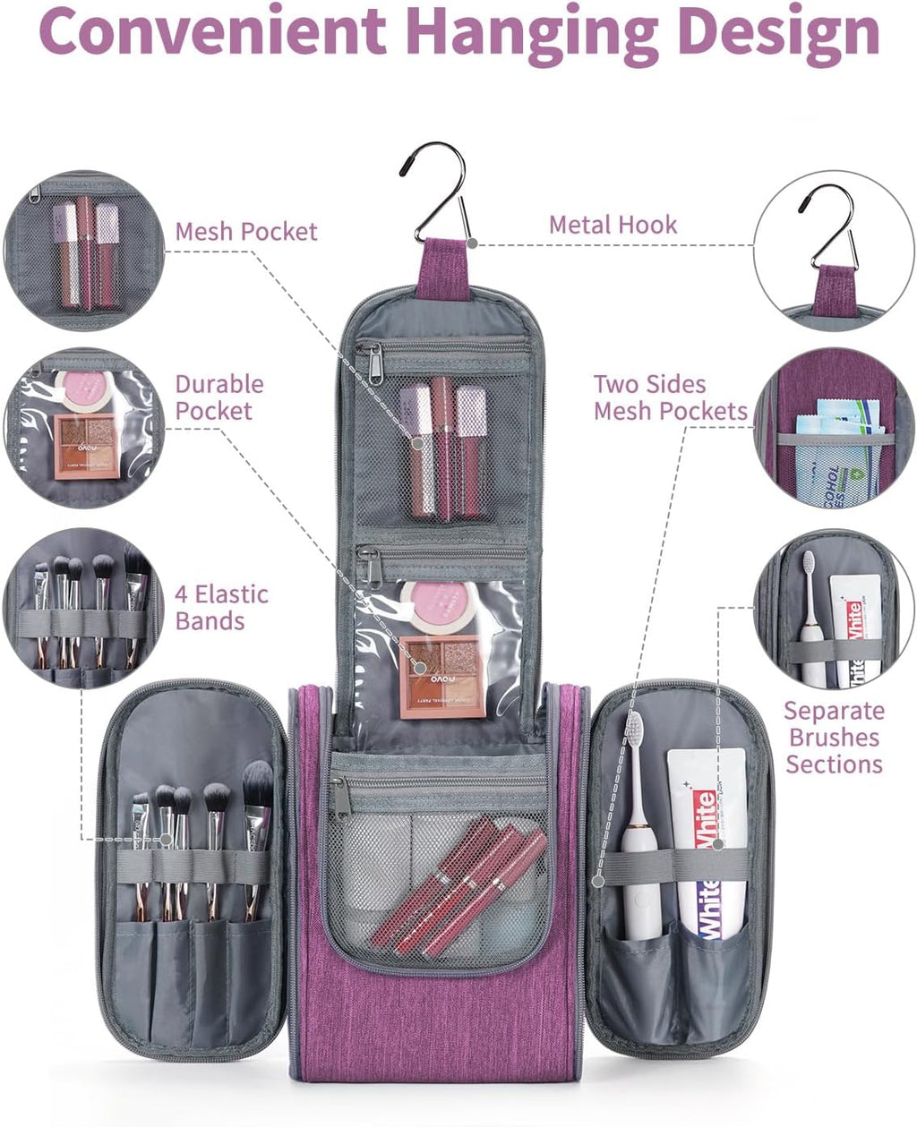 Narwey Small Hanging Toiletry Bag Women Travel Makeup Bag Organizer Toiletries Bag for Travel Size Essentials Accessories Cosmetics (Medium, Dark Purple)
