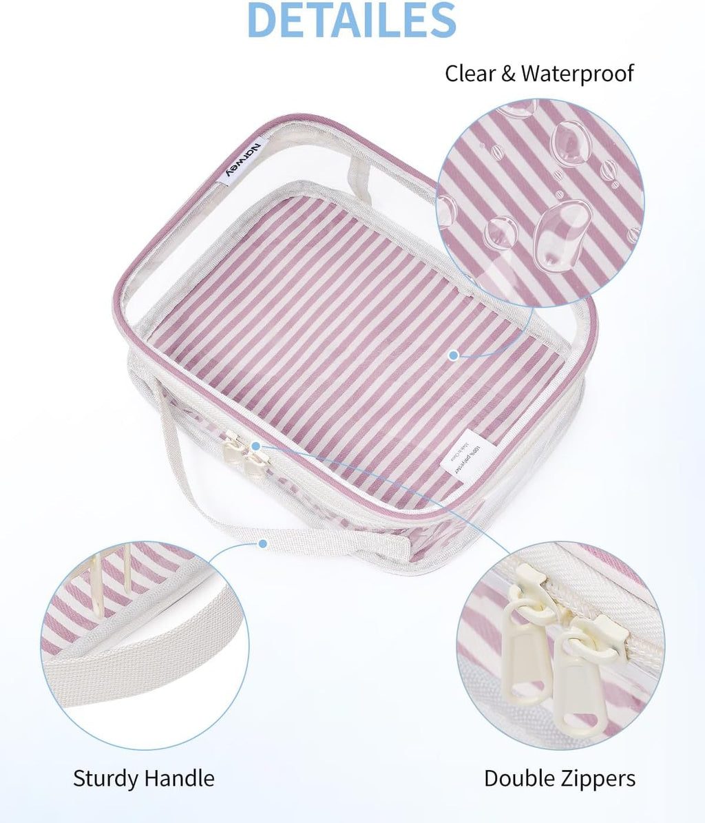 Narwey TSA Approved Clear Toiletry Bag for Travel, Waterproof PVC Clear Makeup Bags, Portable Compact Cosmetic Bag Make Up Organizer, Airport Airline Quart Size Compliant Bag (Dusty Pink Stripe)