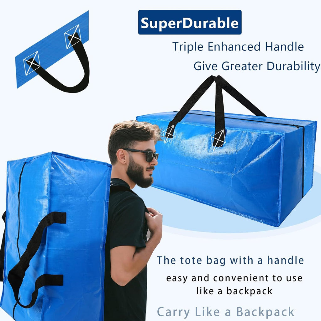 10 Pack Heavy Duty Extra Large Moving Bags Storage Tote - Strong Handles& Backpack Straps - Space Saving Storage Bags Alternative to Moving Boxes and Bins,Compatible with Ikea Frakta Cart, Blue