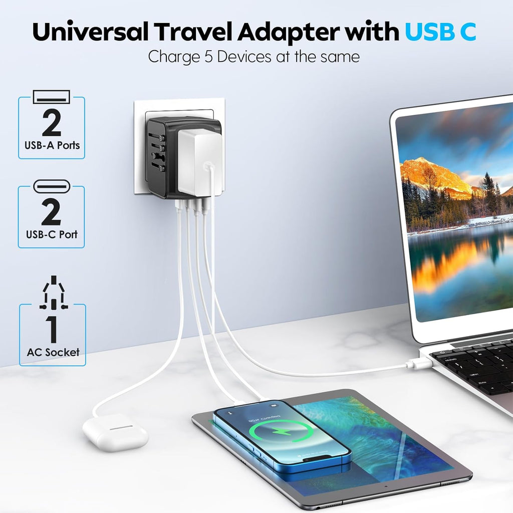 JMFONE Universal Travel Plug Adapter 5 in 1 Charger, European Travel Plug Adapter 2xUSB-A and 2xUSB C Wall Charger with Worldwide AC Outlet,International Power Adapter for Europe USA UK AUS Asia