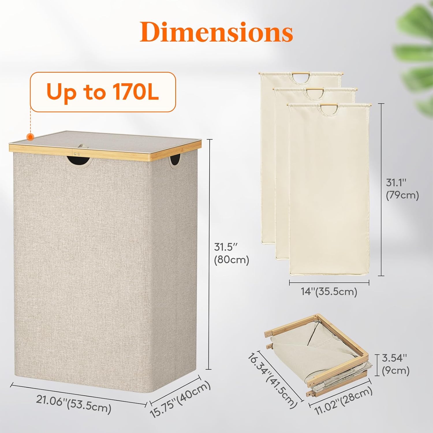 Lifewit 170L Triple Laundry Hamper with Lid, Extra Large Bamboo Laundry Basket Dirty Clothes Hamper,3 Section Laundry Bin Organizer for Laundry Room Bedroom with 3 Removable Liners & Bags, Beige