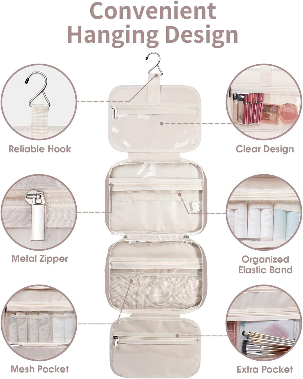 Travel Toiletry Bag for Women Large Hanging Makeup Bag Organizer Toiletries Bag for Full Size Essentials Accessories Cosmetics (Dusty Rose (Large))