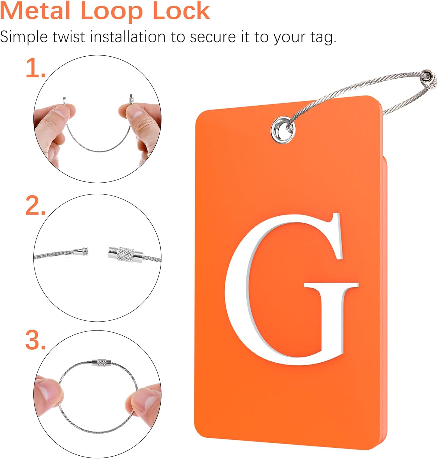 Gostwo 2 Pack Luggage Tags for Suitcases, 26 Initial Letter Travel Luggage Baggage Identification Labels ID Tag Fully Bendable Tags with Stainless Steel Loop (Orange) (Letter G)