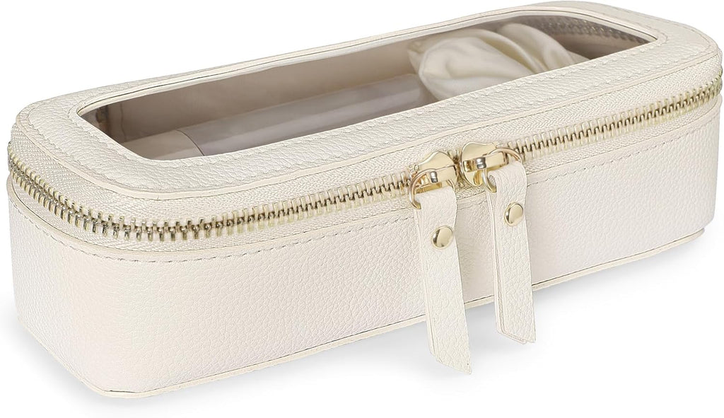 PACKISM Slim Clear Makeup Brush Bag, Pebbled Texture & Hard PU Leather Small Cosmetic Brush Holder, Mini Toiletry Bag Make up Bags with Message Card, Cute Travel Essentials Bag (Cream)