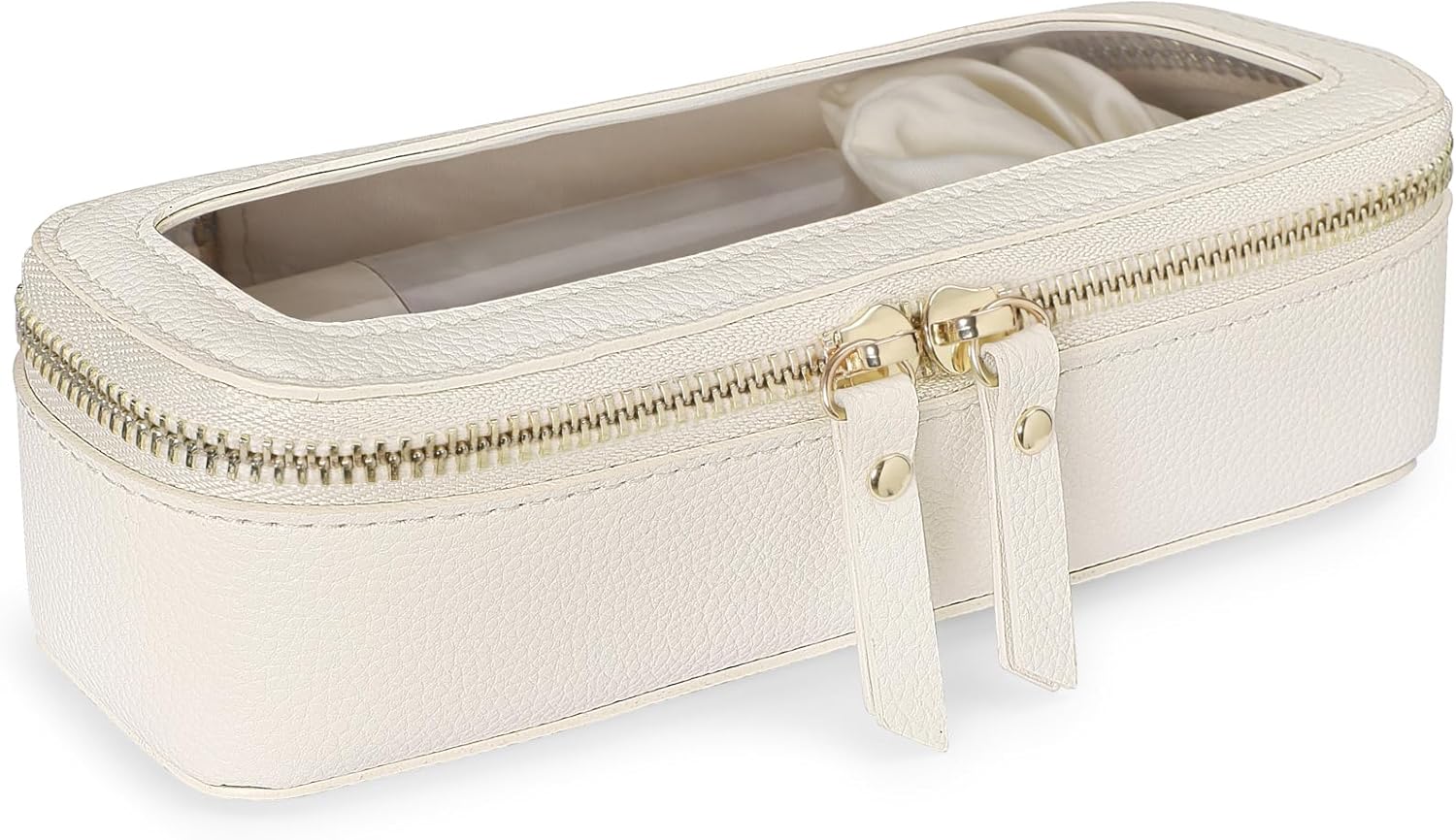 PACKISM Slim Clear Makeup Brush Bag, Pebbled Texture & Hard PU Leather Small Cosmetic Brush Holder, Mini Toiletry Bag Make up Bags with Message Card, Cute Travel Essentials Bag (Cream)