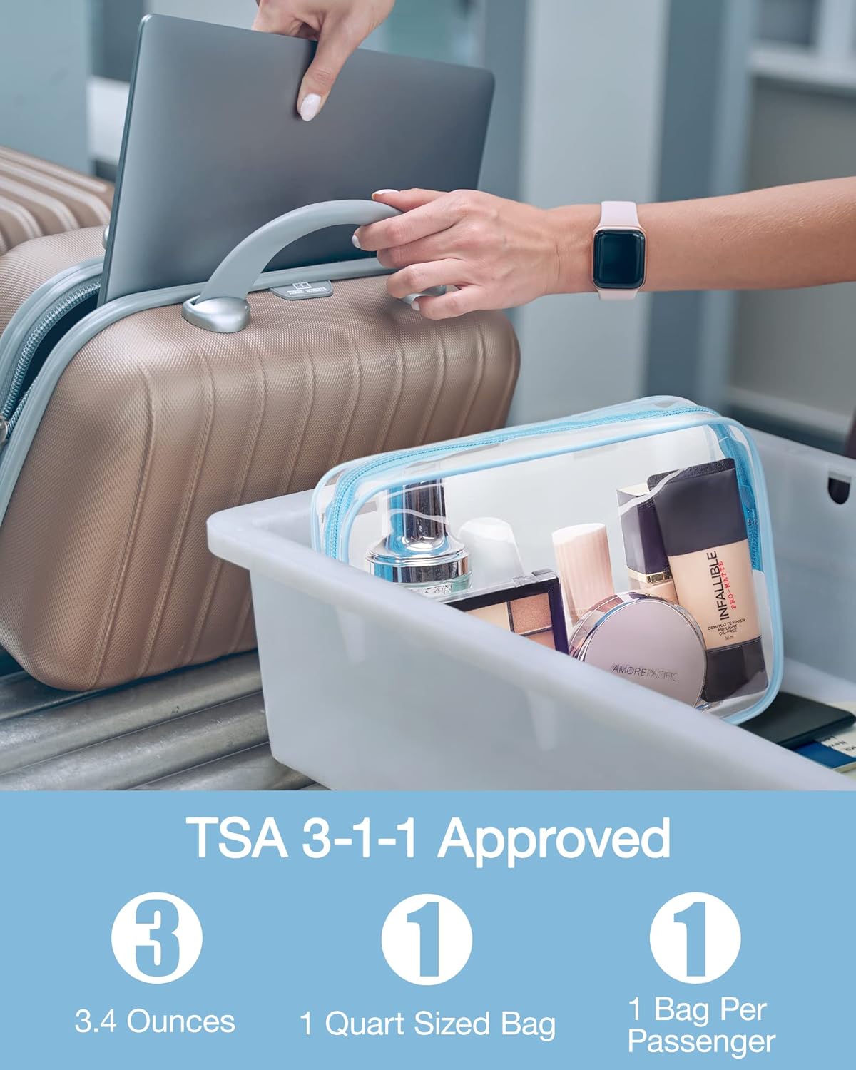 BAGSMART Clear Toiletry Bag, 3 Packs TSA Approved Water-resistant Quart Size Travel Organizer, Airport Airline Travel Essential Carry-On Makeup Cosmetic Bags for Women, Blue