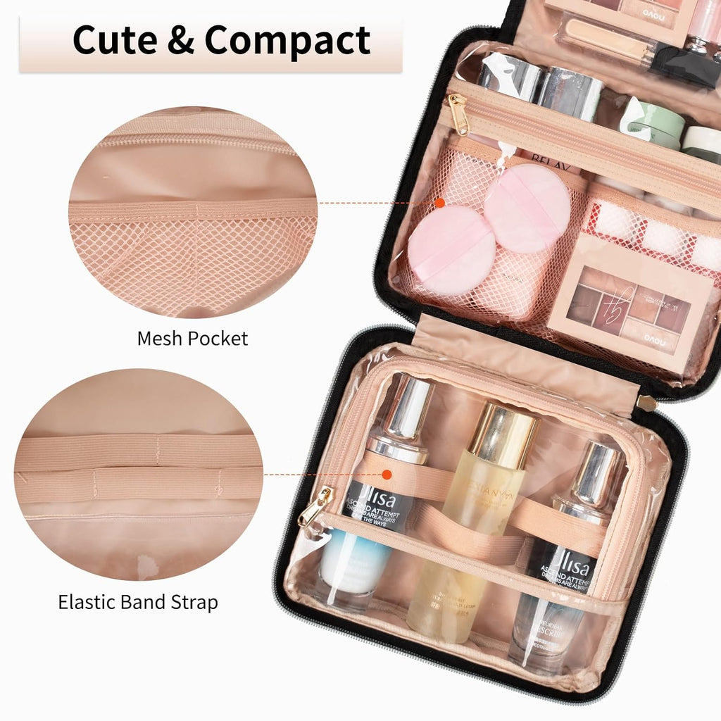 CUBETASTIC Hanging Travel Toiletry Bag, Portable Makeup Organizer for Women Men, 3 Compartment Cute Cosmetic Case Water-resistant Small Travel Bag for Toiletries, Black