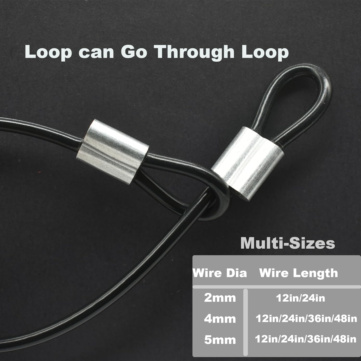 10 Pcs 2mm Wire 24 inch Vinyl Coated Stainless Steel Cable with Loops Short Wire Rope Lanyard Lock Security Chain Link for Outdoor Gates, Black (2mm x 24inch)