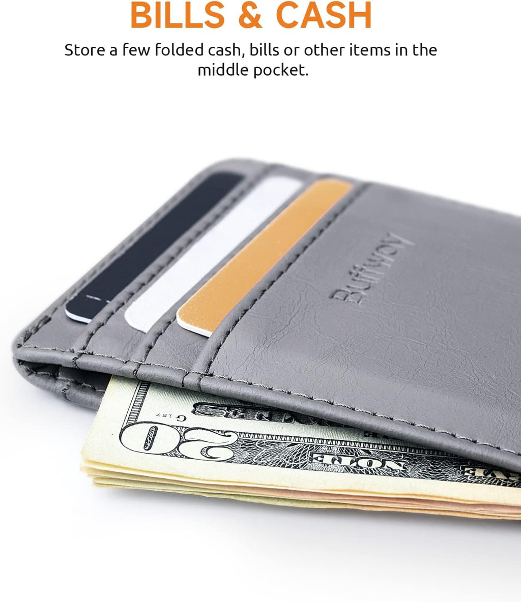 Buffway Mens Slim Wallet, Minimalist Thin Front Pocket Leather Credit Card Holder with RFID Blocking for Work Travel