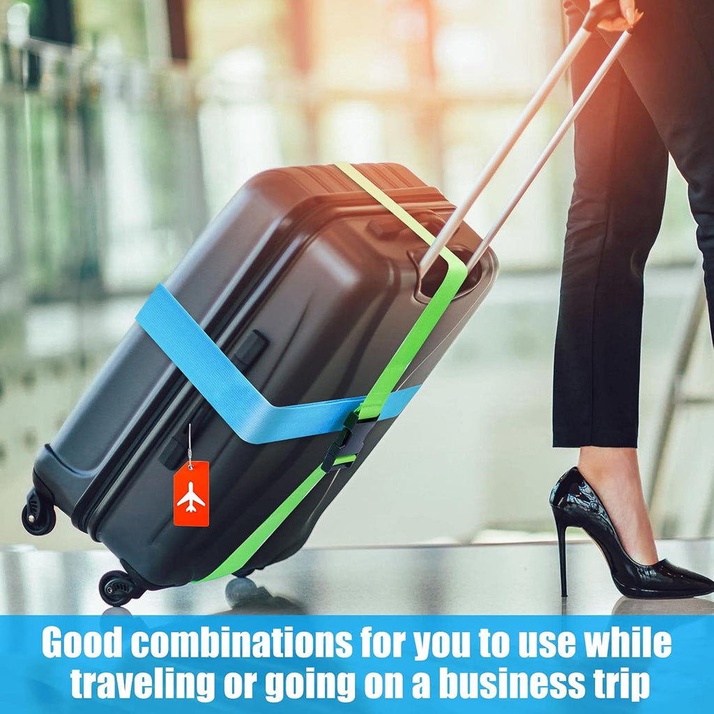Weewooday 8 Pcs Luggage Straps Suitcase Tags Set for TSA Approved, 4 Travel Adjustable Suitcase Belt, 4 Silicone Luggage Tags with Name ID Card Travel Accessories(Blue, Pink, Green, Orange,Airplane)