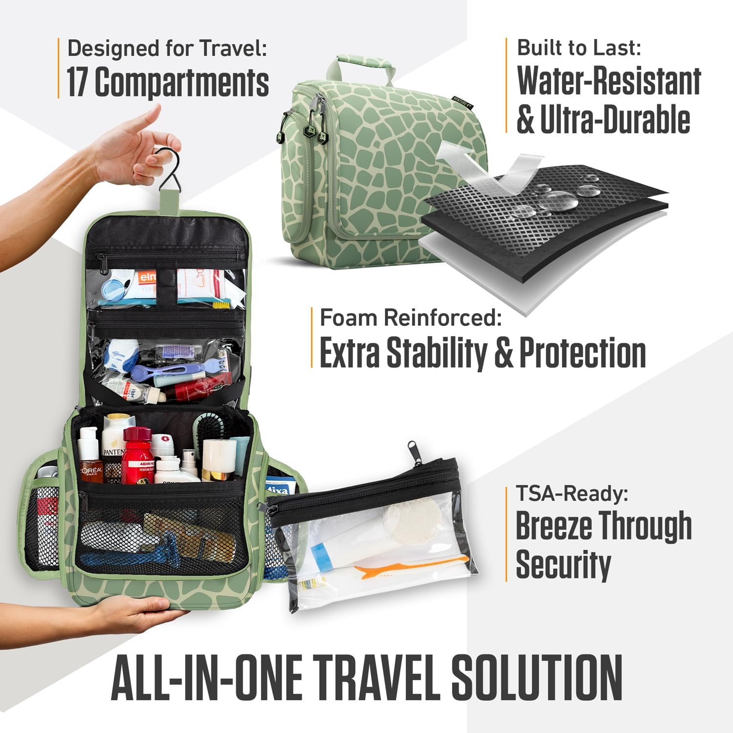 VENTURE 4TH Hanging Travel Toiletry Bag for Women & Men - Travel Organizer with Expandable Compartments & Removable Clear Pouch for Toiletries (Olive Giraffe)