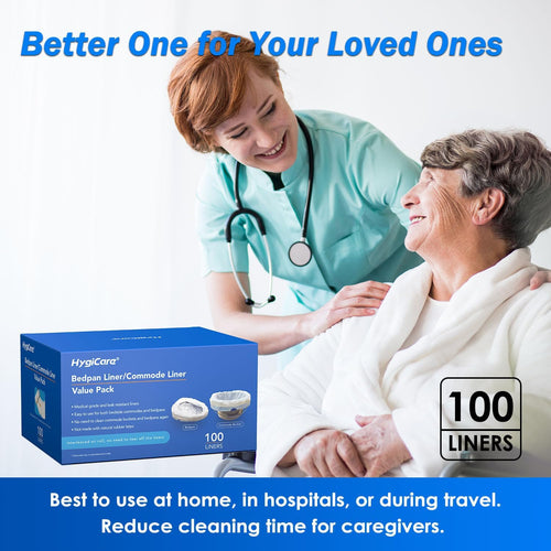 100 Count Enlarged Bedside Commode Liners for Commode Chairs, Bed Pans, and Portable Toilets, Pre-Separated, Leakproof, Sturdy, Disposable, for Adults, Seniors, Medical Care, and Camping