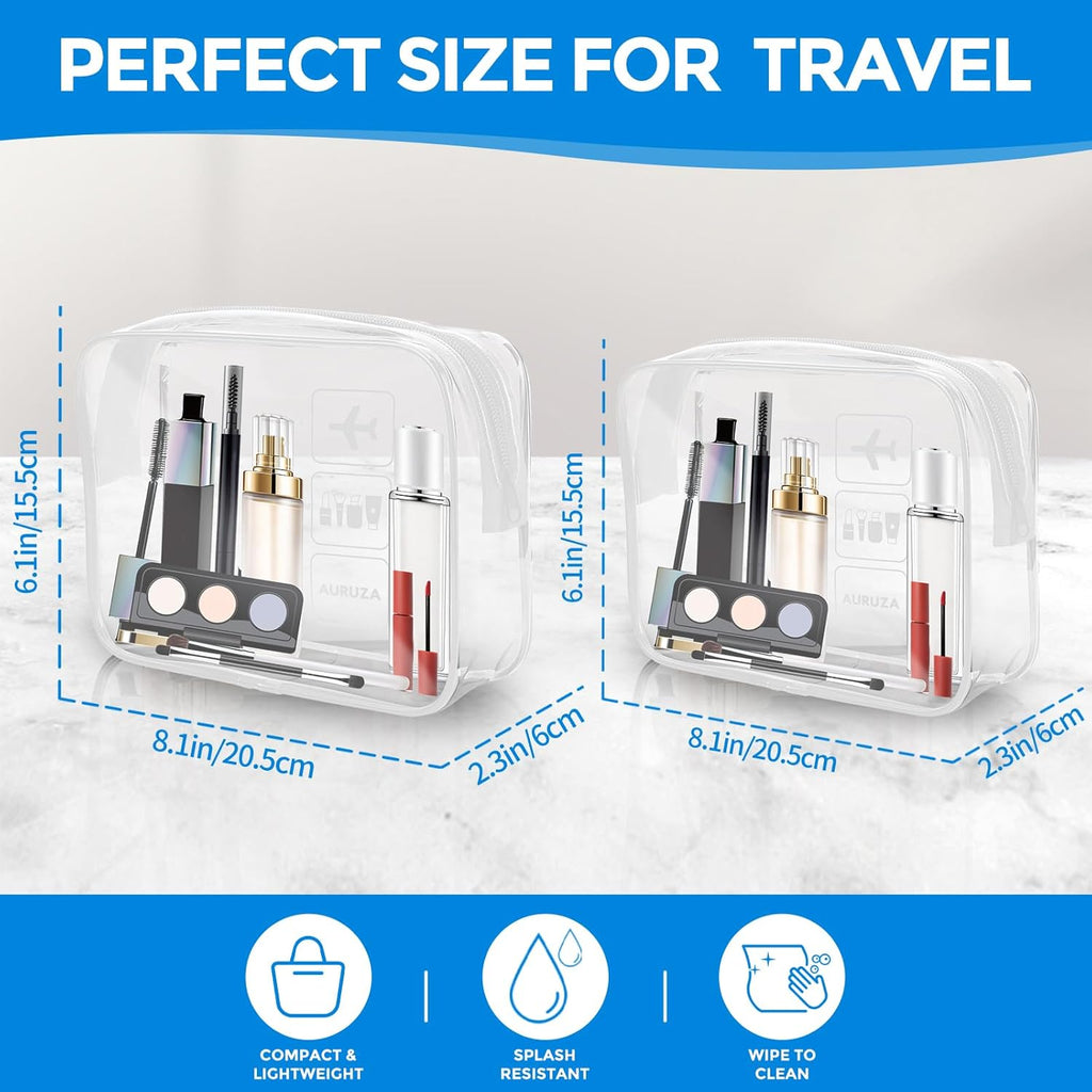 AURUZA 2 Pack Travel Toiletry Bag, Clear Makeup Bag, TSA Approved Cosmetic Bag with Zipper, Clear Organizer Carry on Bag for Women, PVC Cosmetic Pouch