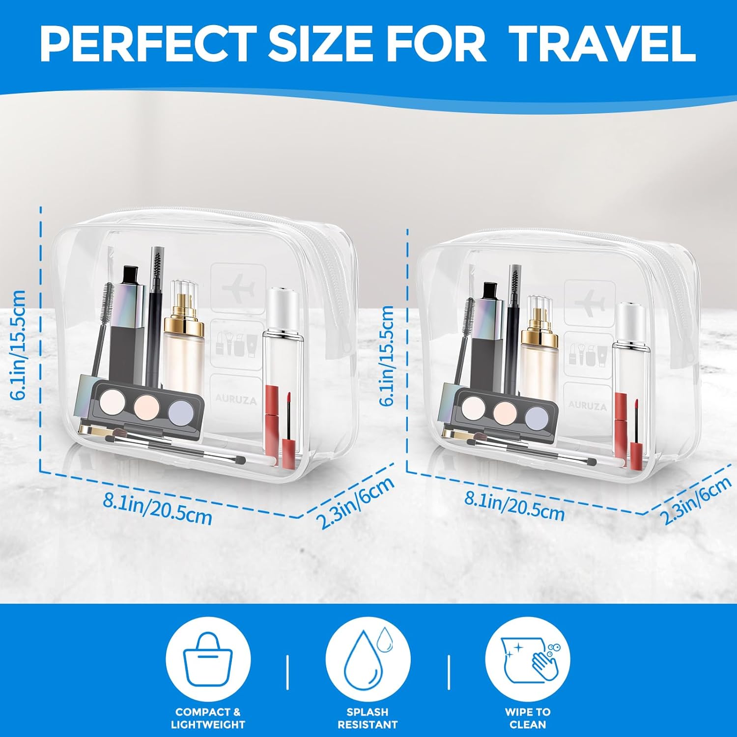 AURUZA 2 Pack Travel Toiletry Bag, Clear Makeup Bag, TSA Approved Cosmetic Bag with Zipper, Clear Organizer Carry on Bag for Women, PVC Cosmetic Pouch