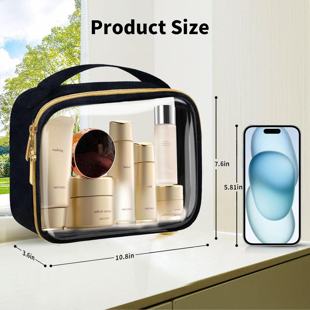 Travel Toiletry Bag,2 Pack Clear Makeup Bags with Handles,180°Opening Clear Cosmetic Bags for Traveling Women,Men,Travel Essentials,Black