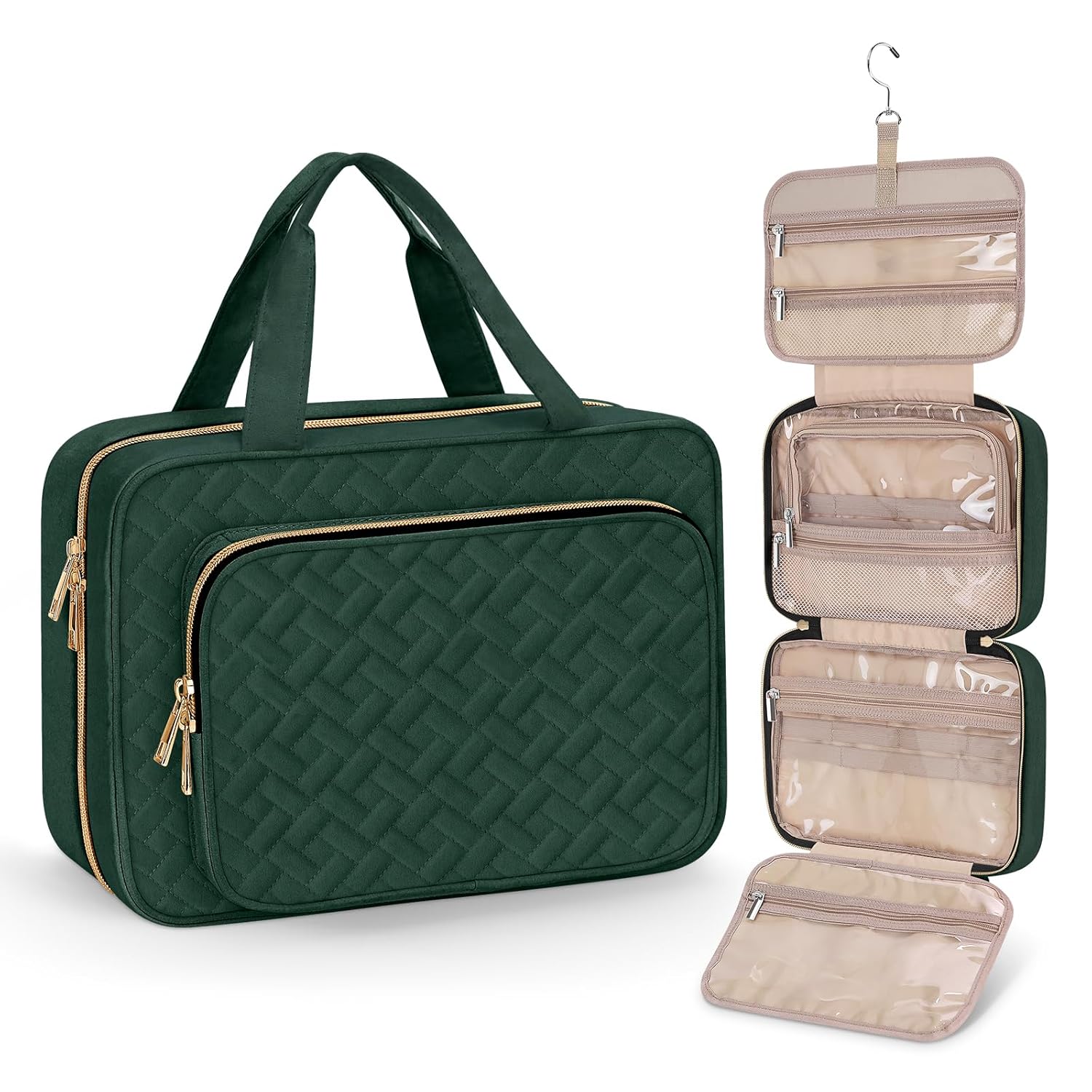 Wedama Toiletry Bag for Women, Medium Cosmetic Travel Bag, Hanging Toiletry Bag for Bathroom, Thickened PVC Waterproof Makeup Bag, Toiletries Bag for Travel Business Trips and Camping, Dark Green