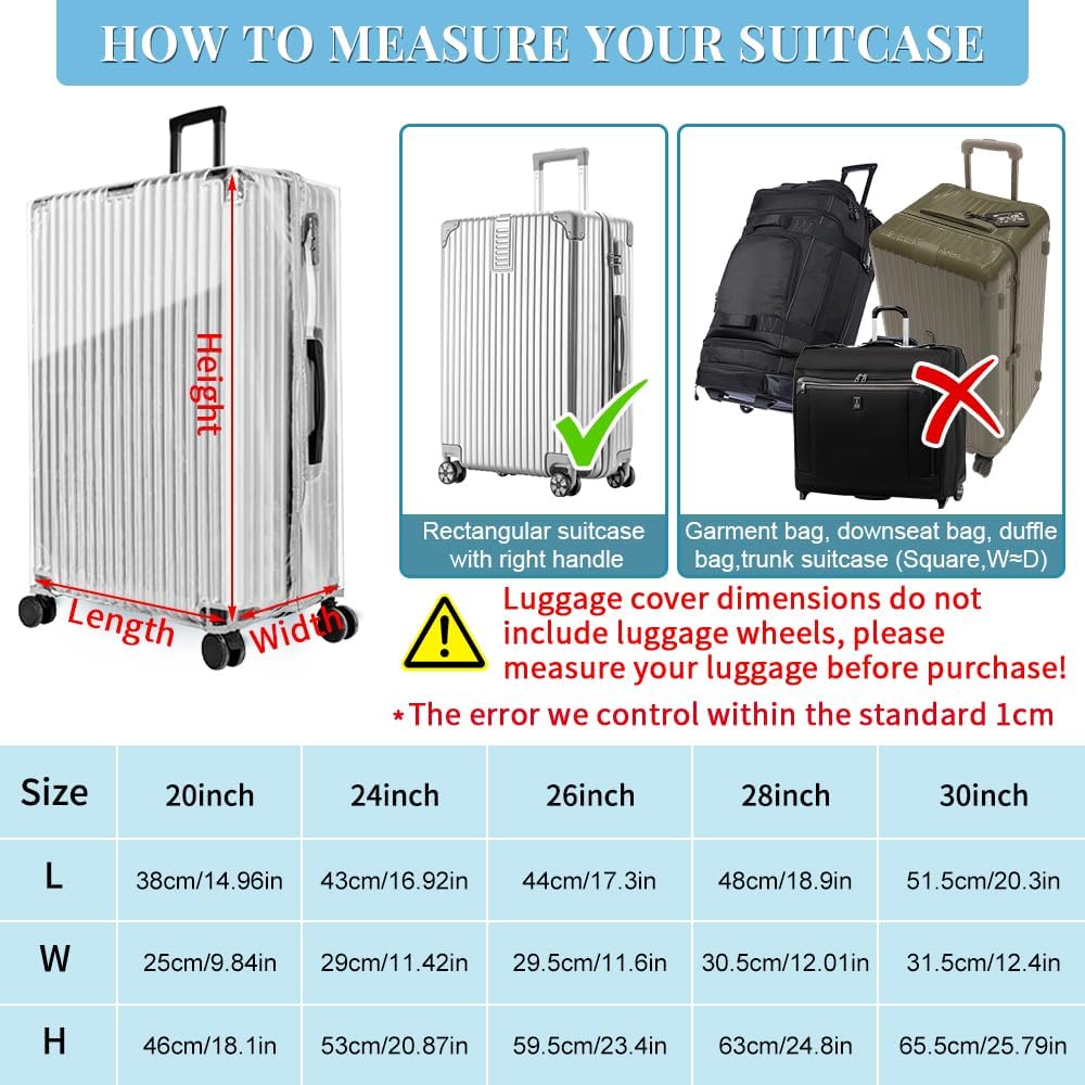 Yotako Upgraded Zippered Clear PVC Suitcase Cover, 26 Inch Luggage Covers for Suitcase Luggage Protector Cover 26''