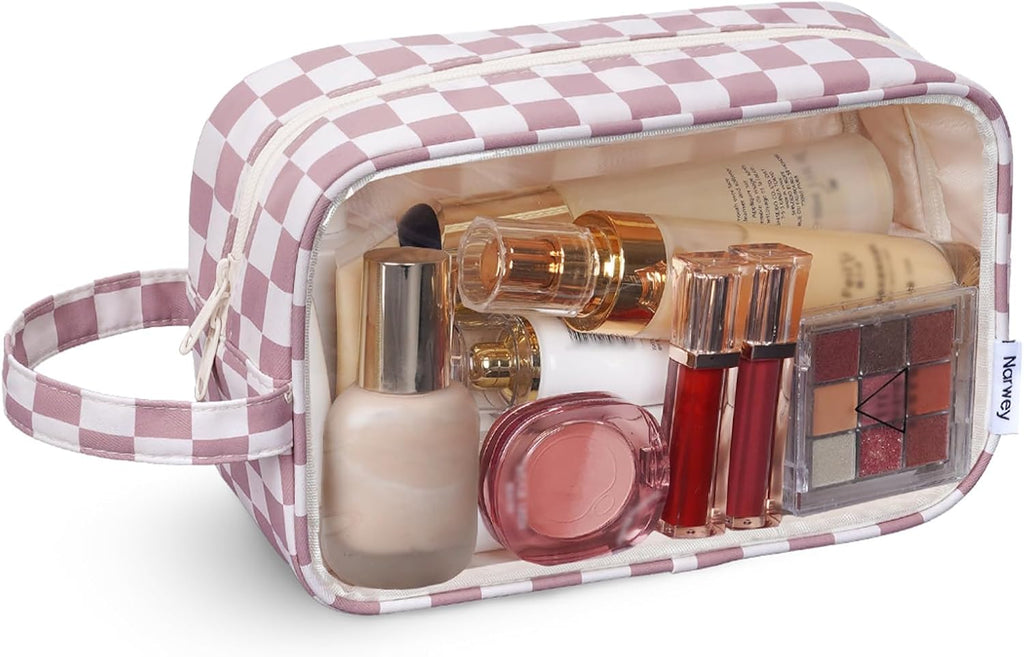 Narwey Clear Toiletry Bags for Traveling Women Men, Clear Travel Bags for Toiletries Makeup Bag Cosmetic Bag with Zipper, Make Up Organizer, Skincare Bag (Dusty Pink Checkerboard)