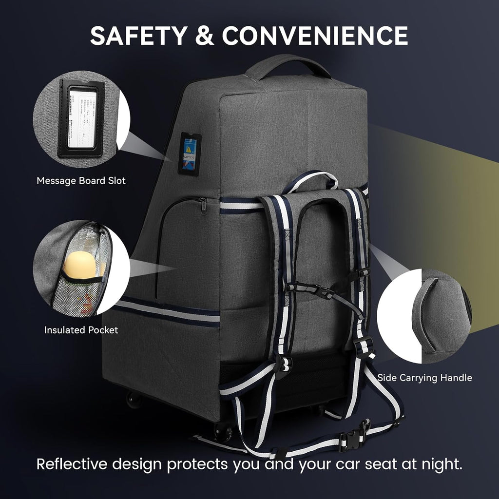 Rolling Car Seat Travel Bag, Padded Carseat Travel Backpack for Airplane,Large Durable Travel Bag with 4 Wheels,Adjustable Shoulder Strap and Waterproof Base Dark Grey
