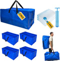 10 Pack Heavy Duty Extra Large Moving Bags with Backpack Straps & Vacuum Storage Supply Combo, Totes Handles Zippers for Space Saving, Fold Flat, Includes Bags, Blue, (HEV10)