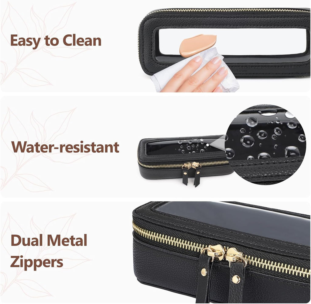 PACKISM Slim Clear Makeup Brush Bag, Pebbled Texture & Hard PU Leather Small Cosmetic Brush Holder, Mini Toiletry Bag Make up Bags with Message Card, Cute Travel Essentials Bag (Black)