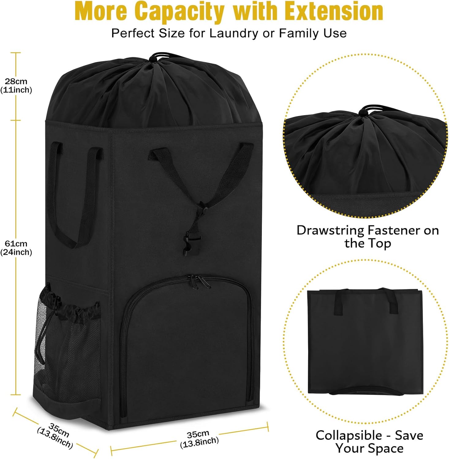 Laundry Bag Backpack Extra Large, 110L Laundry Backpack Heavy Duty with Shoulder Straps, Collapsible and Mesh Pocket Dorm Laundry Basket Hamper Bag for College, Travel, Laundromat, Apartment Black