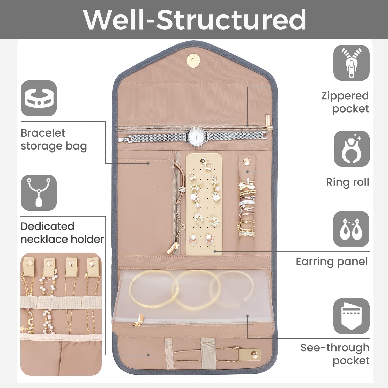 BAGAIL Hanging Toiletry Bag for Women Water-resistant Cosmetic Bag Large Capacity Travel Makeup Organizer for Full-Sized Travel Essentials(Classic+Jewelry Bag, Grey)